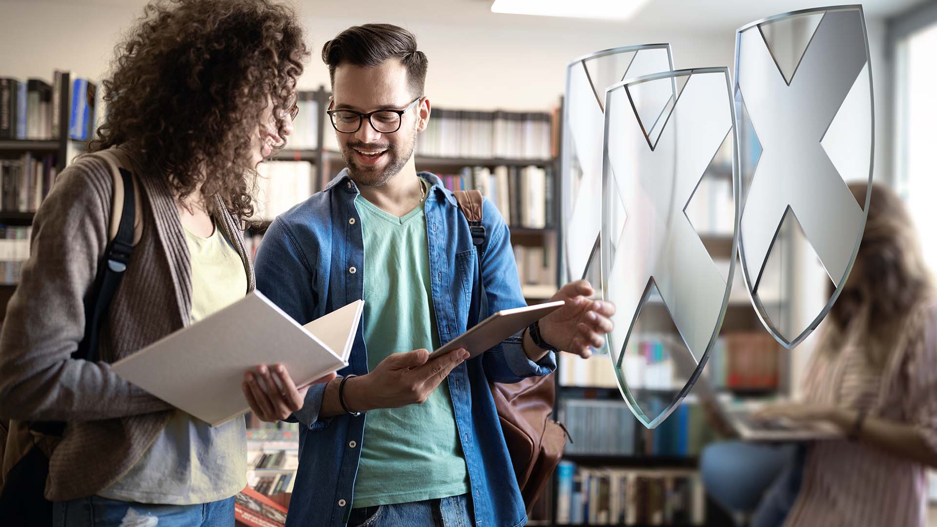 two students talking in the library