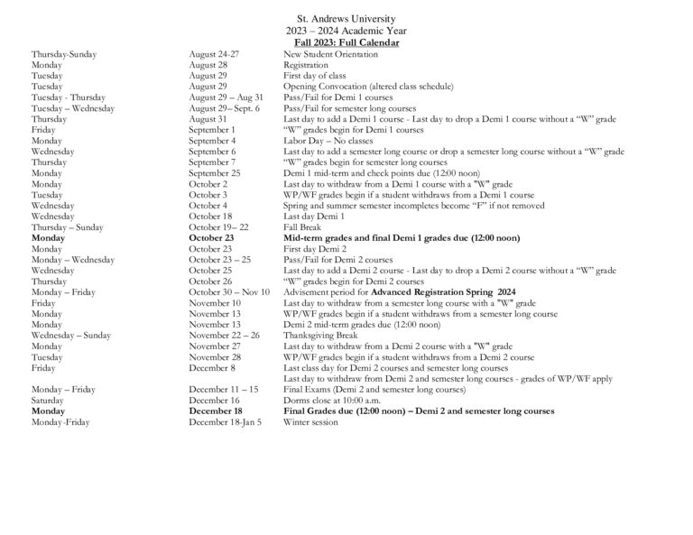 Academic Calendar St. Andrews University