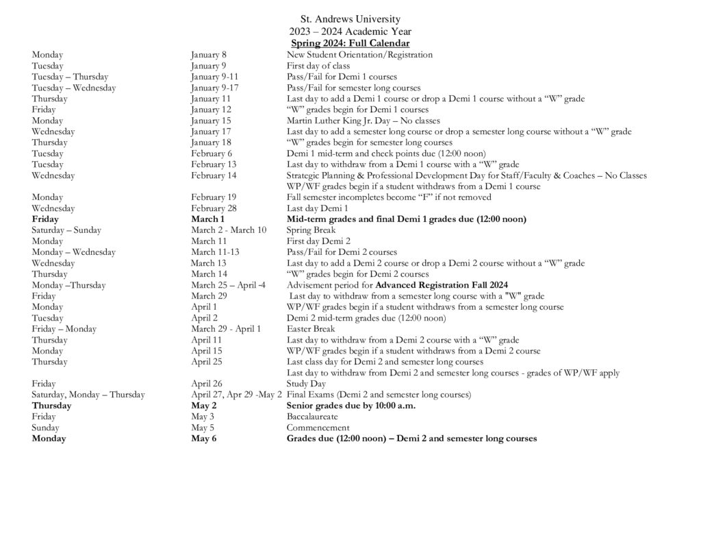 Academic Calendar St. Andrews University
